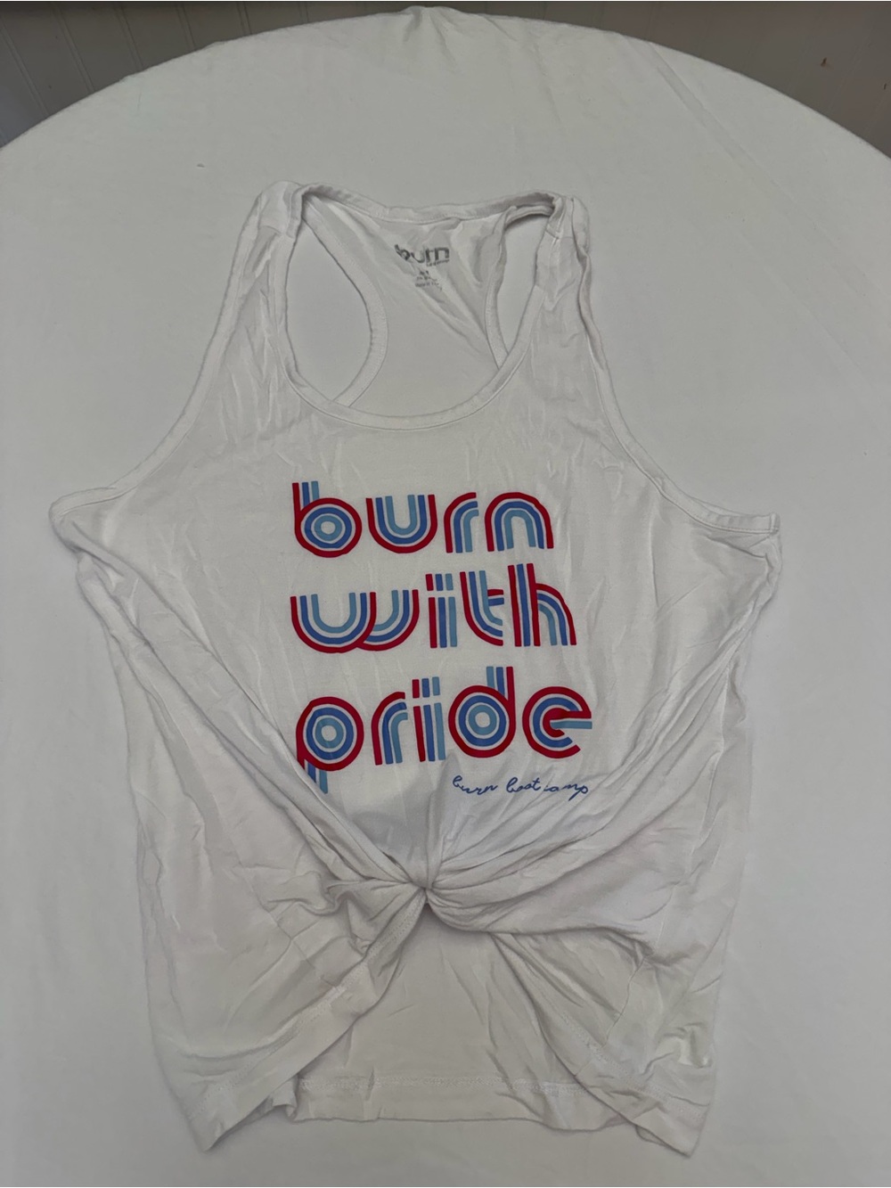 White Racerback Tank Top with Red & Blue 'Burn With Pride' Graphic